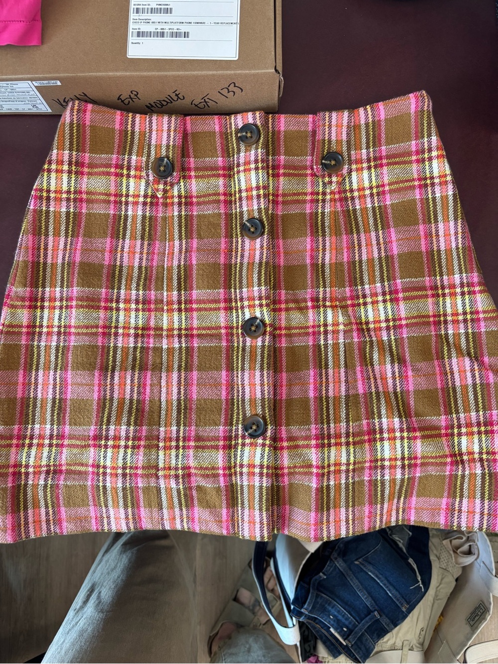Preppy Anthropologie Pink and Brown Plaid Button-Front Mini Skirt